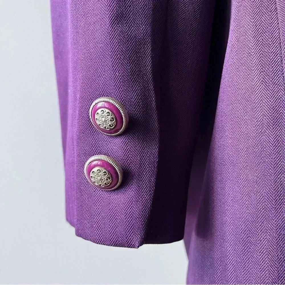 Vintage 90s Academia Gilmor Herringbone Collarless Purple Blazer Size 14 - Picture 5 of 9